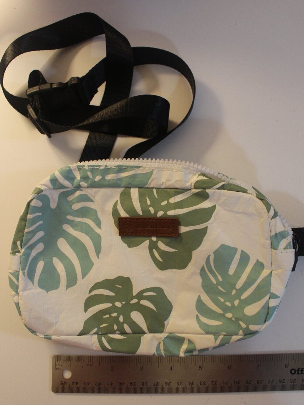 Green Monstera Leaf Print Belt Bag with Adjustable Strap